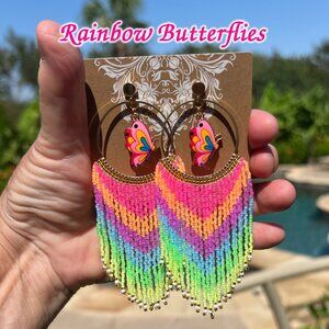 Handmade Beaded Long Tassel Fringe Dangle Drop Butterfly Post Hoop Earrings Wow!